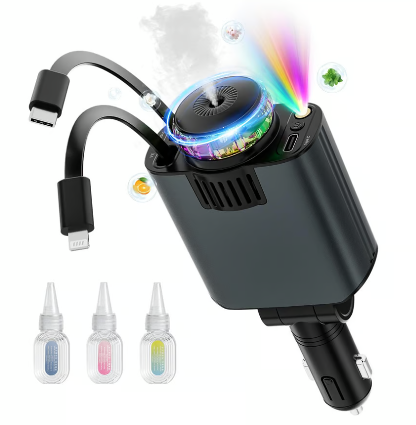Chargeur 3-en-1 pour voiture – Double câble & Diffuseur de parfum
