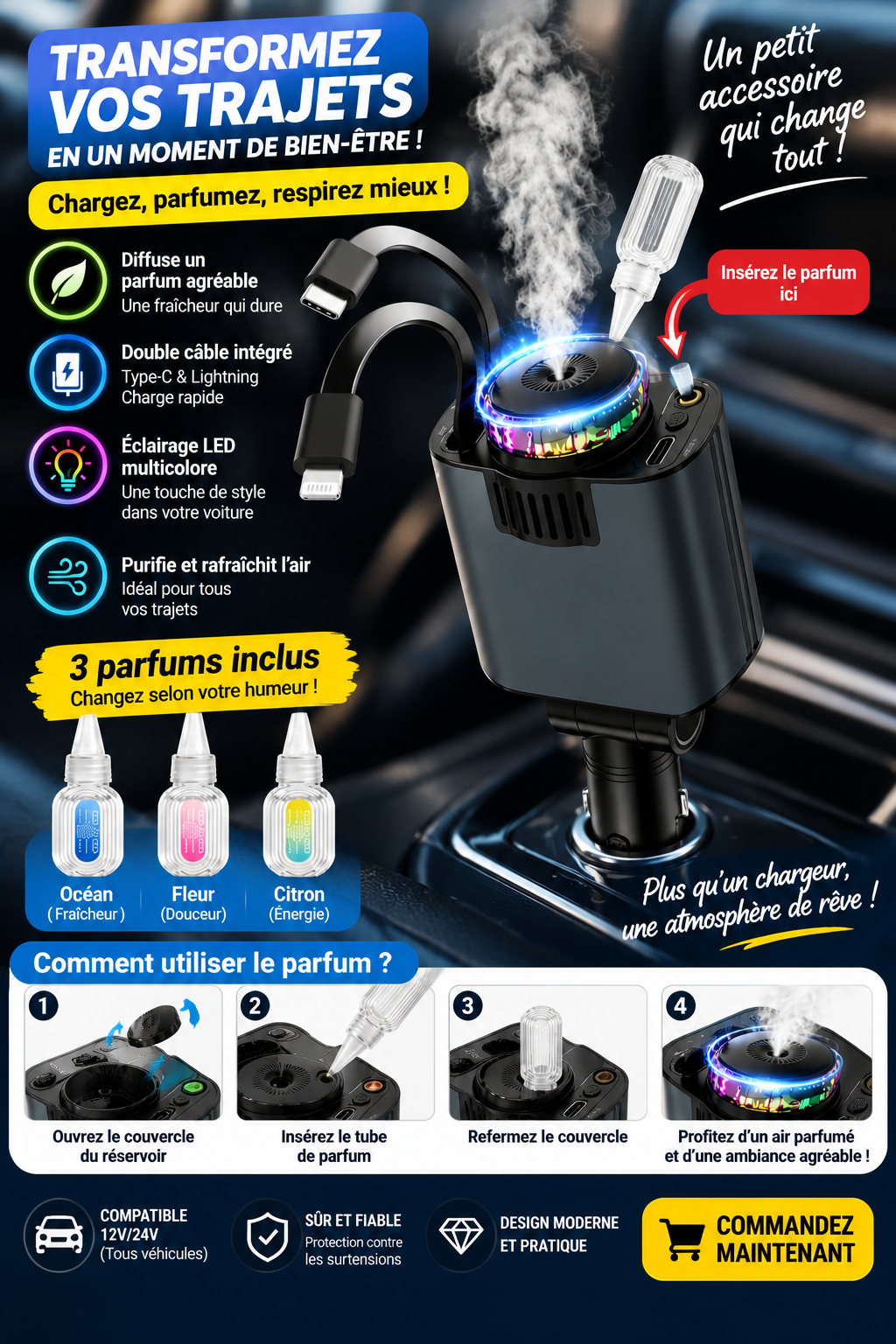 Chargeur 3-en-1 pour voiture – Double câble & Diffuseur de parfum
