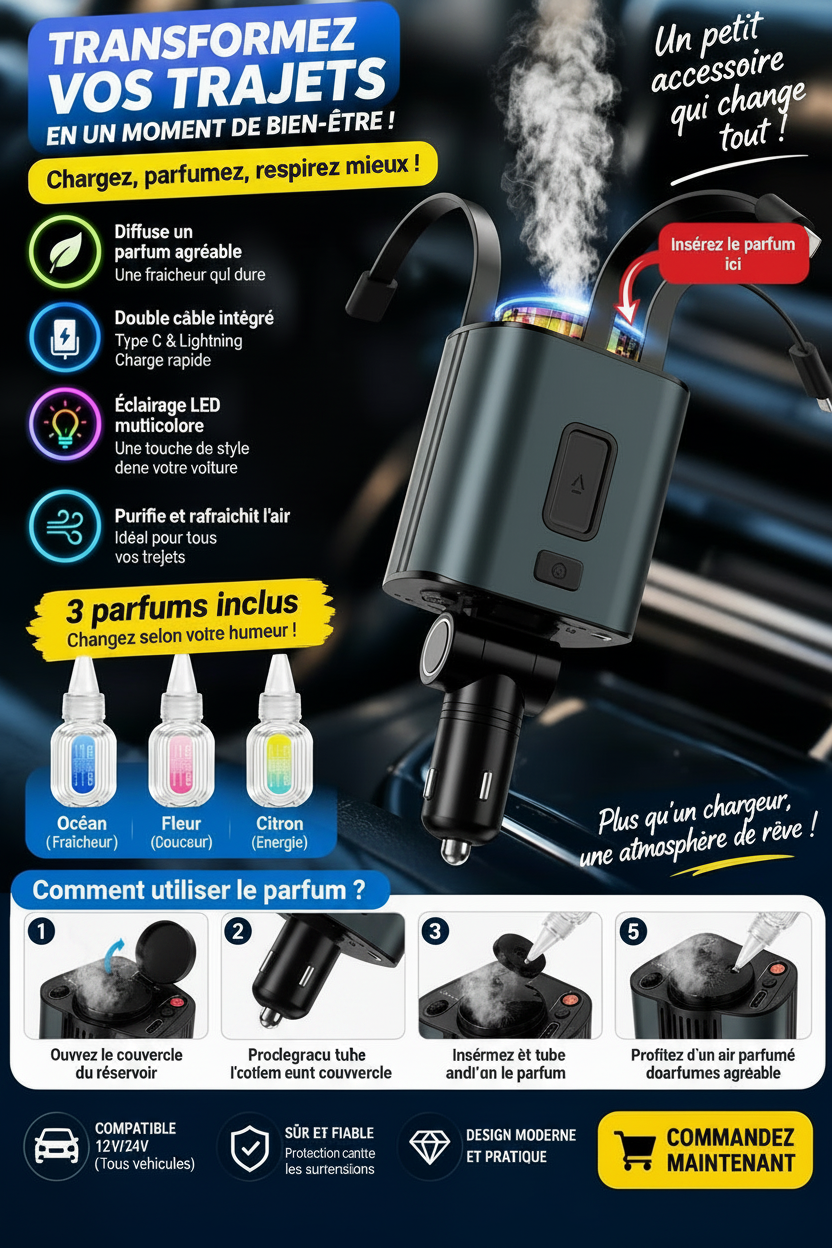 Chargeur 3-en-1 pour voiture – Double câble & Diffuseur de parfum